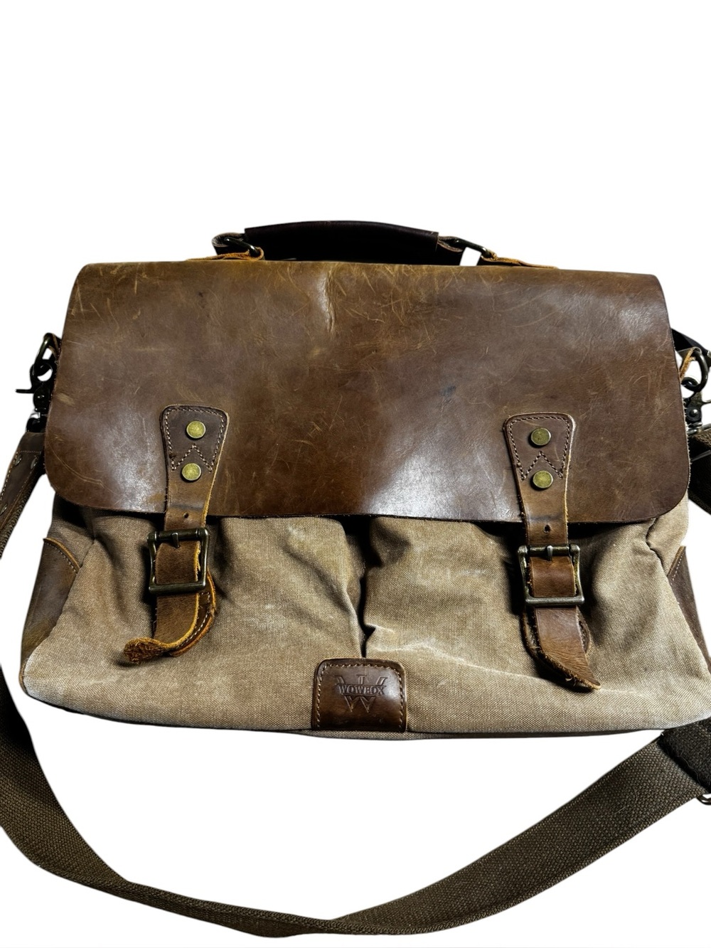 Wowbox Vintage-Style Brown cowhide Leather & Tan khaki Canvas Messenger Bag